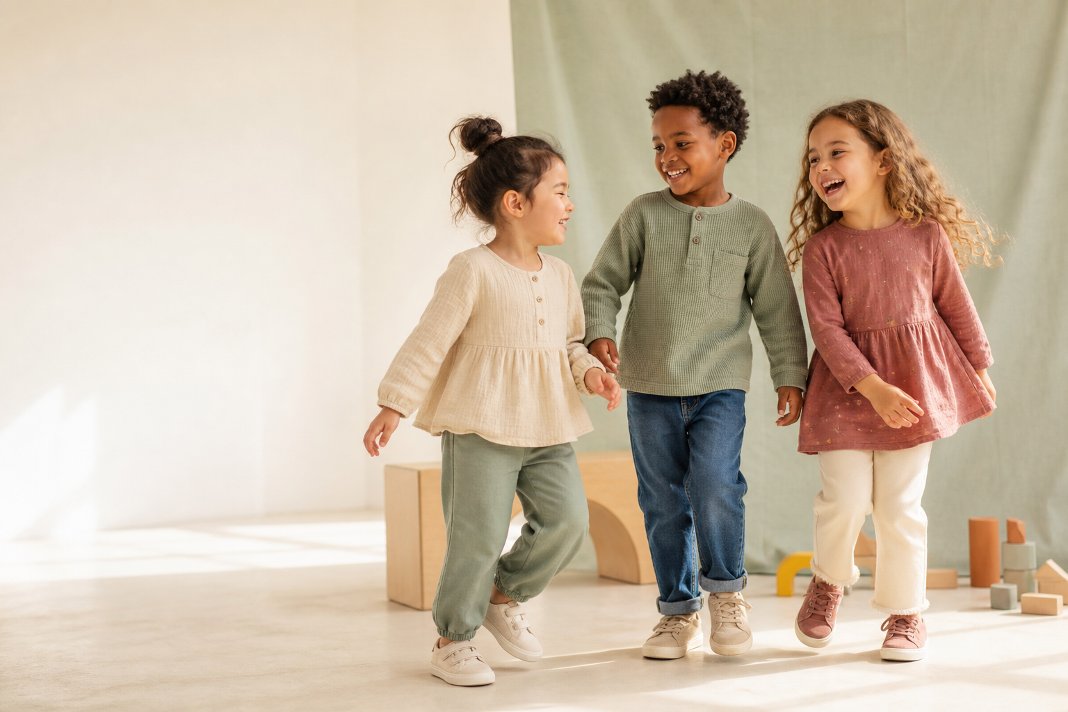 Three children wearing comfortable Bella for Kids everyday outfits
